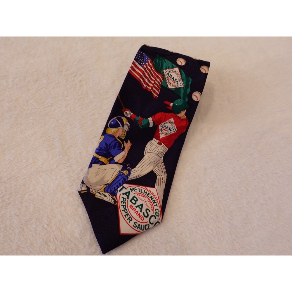 Vintage Tabasco Necktie Baseball 100% Silk Classic Novelty Tie Navy Blue MLB USA
